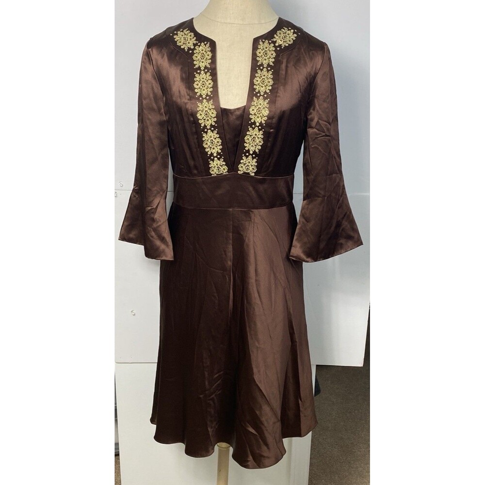 Yves Cossette Depeche Mode Dress Women 6 Brown 100%Silk V-neck Embroidered Lined